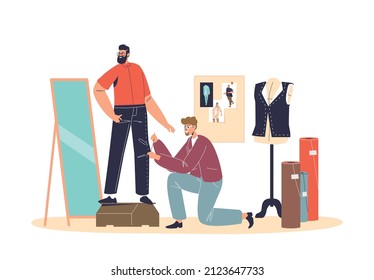 Tailor creating pants sewing clothes on client. Dressmaking master prepare suit for man customer in fashion designer workshop making stitches and sewing. Atelier studio concept. Vector illustration