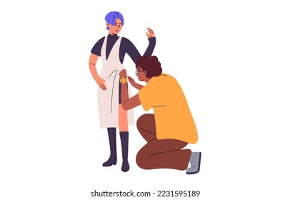 Tailor and customer. Dressmaker designer adjusting, fitting garment, clothes for woman. Seamstress works with client. Dressmaking process. Flat vector illustration isolated on white background