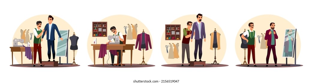 Tailor And Customer At Fashion Atelier Studio Workshop. Master At Work. Tailoring, Measuring And Sewing Process. Vector People Character Scene Set. Clothes Store Interior. Handmade Garment Creation.