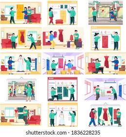 Tailor and customers at fashion atelier studio workshop, bridal salon. Vector people character scene set. Clothes store interior. The concept of tailoring fashionable clothes. Creative atelier