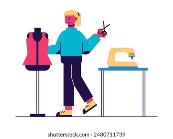 Tailor cutting fabric on mannequin, dressmaker at work. Character design. Vector flat illustration