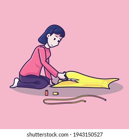 the tailor is cutting the fabric. premium vector illustration