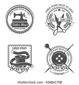 Tailor detail emblem or label set with descriptions of tailor shop salon and company in different shapes vector illustration