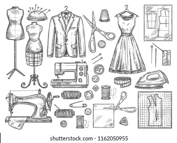 Tailor or dressmaker work and fashion designer atelier sketch items. Vector sewing machine or seamstress pattern cut and dress fitting dummy mannequin with thread, needle or thimble and iron