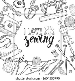 Tailor or dressmaker work and fashion designer atelier sketch items. Vector sewing illustration in retro vintage style 