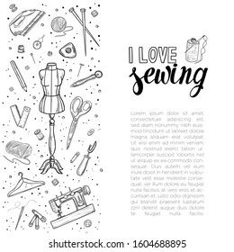 Tailor or dressmaker work and fashion designer atelier sketch items. Vector sewing illustration in retro vintage style 