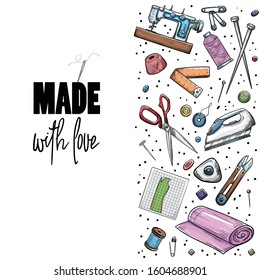 Tailor or dressmaker work and fashion designer atelier sketch items. Vector sewing illustration in retro vintage style 