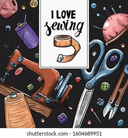 Tailor or dressmaker work and fashion designer atelier sketch items. Vector sewing illustration in retro vintage style on blackboard. 