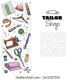 Tailor or dressmaker work and fashion designer atelier sketch items. Vector sewing illustration in retro vintage style 