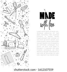 Tailor or dressmaker work and fashion designer atelier sketch items. Vector sewing illustration in retro vintage style 