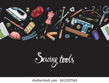 Tailor or dressmaker work and fashion designer atelier sketch items. Vector sewing illustration in retro vintage style 