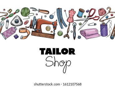 Tailor or dressmaker work and fashion designer atelier sketch items. Vector sewing illustration in retro vintage style 
