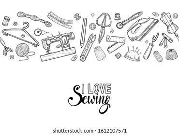 Tailor or dressmaker work and fashion designer atelier sketch items. Vector sewing illustration in retro vintage style 