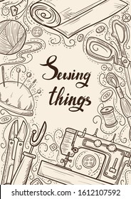 Tailor or dressmaker work and fashion designer atelier sketch items. Vector sewing illustration in retro vintage style 