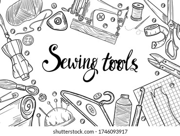 Tailor or dressmaker work and fashion designer atelier sketch items. Vector sewing illustration in retro vintage style 