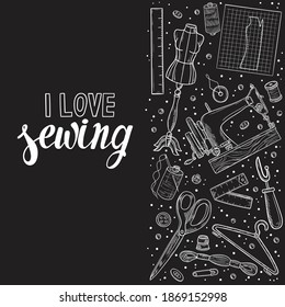 Tailor or dressmaker work and fashion designer atelier sketch items. Vector sewing illustration in retro vintage style 