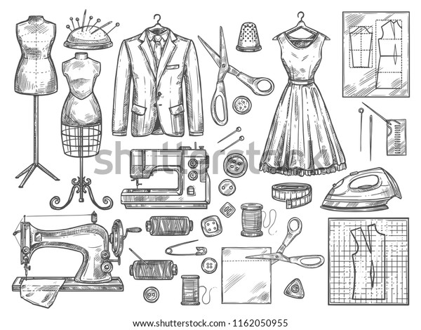 Tailor or dressmaker work and fashion designer\
atelier sketch items. Vector sewing machine or seamstress pattern\
cut and dress fitting dummy mannequin with thread, needle or\
thimble and iron