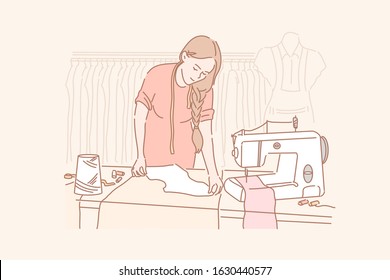 Tailor, dressmaking, sewing concept. Young woman is sewing clothes in her clothing store. Dressmaking is profitable business. Happy girl tailor is darning blouse in fabric. Simple flat vector