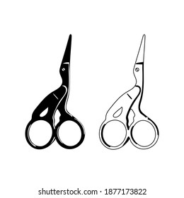 Tailor and embroidery scissors. Crane Small Scissors isolated on white background. Vector silhouette and outline.