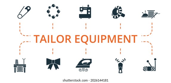 Tailor Equipment icon set. Contains editable icons theme such as beads, zipper, embroidery machine and more.