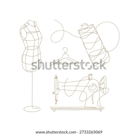 Tailor equipment set illustrated sewing machine spool hangers mannequin fashion design items drawing in modern linear art style with beige lines on white background