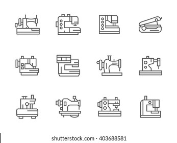 Tailor equipment. Sewing and stitching machinery. Dressmaking industry. Collection of black simple line style vector icons