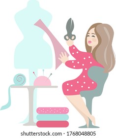 Tijeras sastre con curva, sonriente. Corte de tela, patrón, maniquí, tijeras, tela y agujas en la mesa de trabajo. Ilustración vectorial de estilo plano aislada en fondo blanco