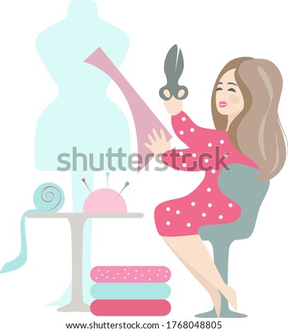 Tailor holding scissors with curve, smiling. Fabric cutting, pattern, mannequin, scissors, cloth and needles on the work table. Vector cartoon flat style illustration isolated on white background