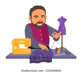 Tailor holding thread with needle, smiling. Fabric cutting, pattern, sewing machine, mannequin, scissors, spools on the work table. Vector cartoon flat style illustration isolated on white background.
