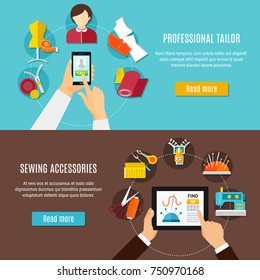 Tailor horizontal banners set with accessories symbols flat isolated vector illustration 