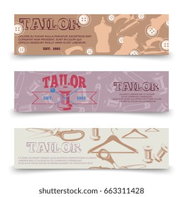 Tailor horizontal banners template with tailor accessories. Fashion sewing template poster. Vector illustration