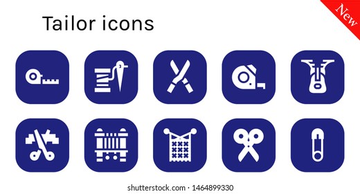 tailor icon set. 10 filled tailor icons.  Simple modern icons about  - Measuring tape, Thread, Shears, Zipper, Scissors, Sewing machine, Knit, Safety pin