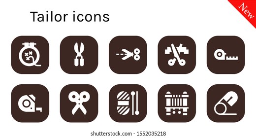tailor icon set. 10 filled tailor icons.  Collection Of - Knit, Scissors, Measuring tape, Wool, Sewing machine, Safety pin icons