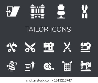 tailor icon set. 14 filled tailor icons. Included Shear, Sewing machine, Mannequin, Scissors, Thread, Measuring tape, Knit, Shears, Sewing icons