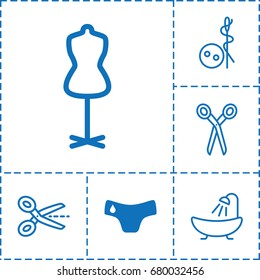 Tailor icon. set of 6 tailor filled and outline icons such as children panties, barber scissors, needle button, shower, mannequin