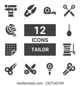 tailor icon set. Collection of 12 filled tailor icons included Scissors, Threader, Yarn, Fabric, Awl, Scissor, Knit, Measuring tape