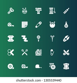 tailor icon set. Collection of 25 filled tailor icons included Leather, Bobbin, Measuring tape, Scissors, Safety pin, Embroidery, Cut, Scissor, Threader, Knitting, Fabric, Shears