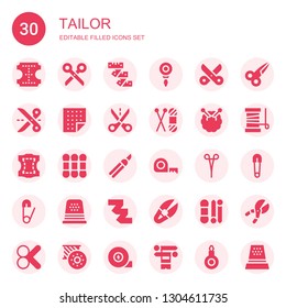 tailor icon set. Collection of 30 filled tailor icons included Leather, Scissors, Measuring tape, Threader, Fabric, Cut, Knit, Knitting, Thread, Shears, Safety pin, Thimble, Scissor
