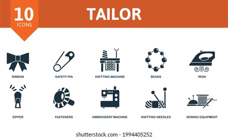 Tailor icon set. Contains editable icons sewing equipment theme such as ribbon, knitting machine, iron and more.