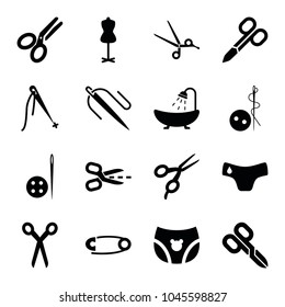 Tailor icons. set of 16 editable filled tailor icons such as children panties, barber scissors, manicure scissors, needle button, shower, mannequin, sewing, scissors