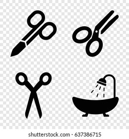 Tailor icons set. set of 4 tailor filled icons such as barber scissors, manicure scissors, shower