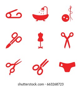 Tailor icons set. set of 9 tailor filled icons such as pin, children panties, barber scissors, manicure scissors, needle button, shower, mannequin