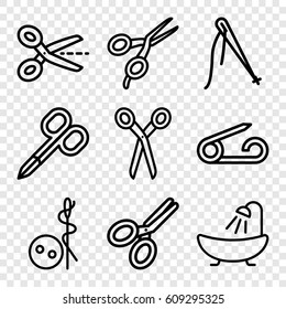 Tailor icons set. set of 9 tailor outline icons such as pin, barber scissors, manicure scissors, needle button, shower, scissors