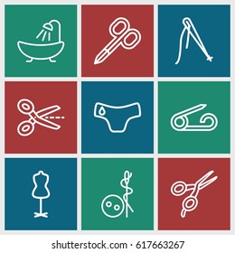 Tailor icons set. set of 9 tailor outline icons such as pin, children panties, manicure scissors, barber scissors, needle button, shower, mannequin, scissors