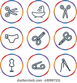 Tailor icons set. set of 9 tailor outline icons such as pin, children panties, barber scissors, manicure scissors, shower, mannequin, scissors