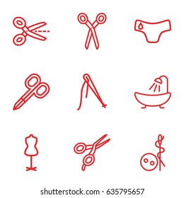 Tailor icons set. set of 9 tailor outline icons such as children panties, barber scissors, manicure scissors, needle button, shower, mannequin, scissors