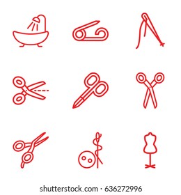 Tailor icons set. set of 9 tailor outline icons such as pin, barber scissors, manicure scissors, needle button, shower, mannequin, scissors