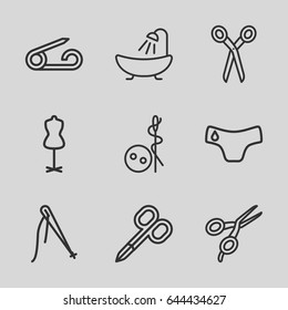 Tailor icons set. set of 9 tailor outline icons such as pin, children panties, barber scissors, manicure scissors, needle button, shower, mannequin