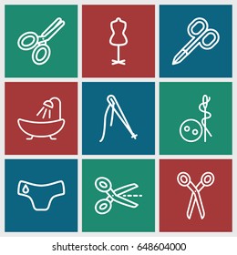 Tailor icons set. set of 9 tailor outline icons such as children panties, barber scissors, manicure scissors, needle button, shower, mannequin, scissors