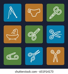 Tailor icons set. set of 9 tailor outline icons such as pin, panties, barber scissors, manicure scissors, shower, scissors